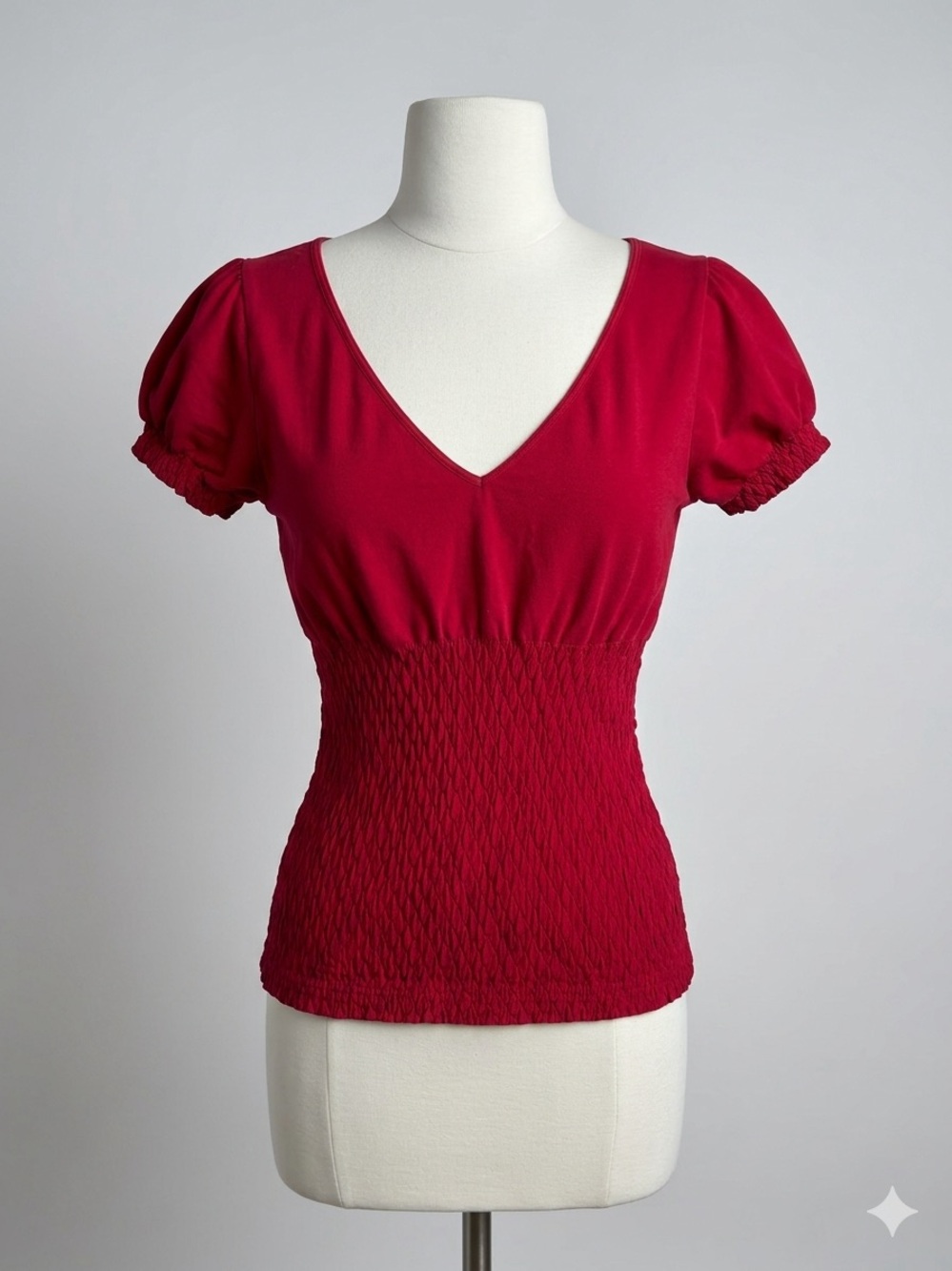 bebe Deep Red V-Neck Smocked Waist Short Sleeve Top